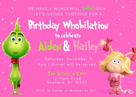 Grinch Birthday Party, Pink Grinch, Grinch Birthday, Christmas Birthday Invitations, Christmas Invite, Grinch Christmas Party, Baby Shower Party Invitations, Cheer Party, Birthday Cheers