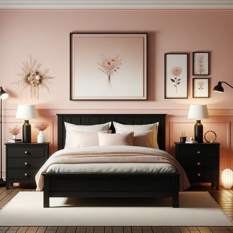 blush pink walls and black bedroom furniture Peach And Black Bedroom, What Wall Color Goes With Black Furniture, Medium Size Bedroom Ideas, Black Bedroom Furniture Colour Schemes, Pink Black Bedroom Ideas, Black Headboard Bedroom Color Schemes, Blush Pink Bedroom Ideas, Cream Bedroom Walls, Bedroom With Black Furniture