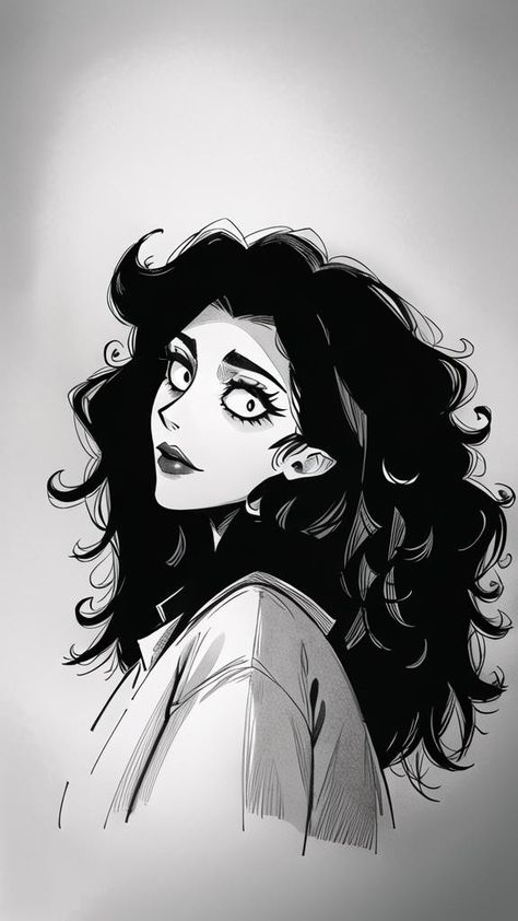 Curly Hair Comic Character, Tim Burton Curly Hair Drawing, Crazy Woman Drawing, Curly Vampire Hair, Dark Witch Character Design, Goth Characters Cartoon, Interesting Art Styles, Curly Hair Art Drawings, Short Hairstyle Women Drawing