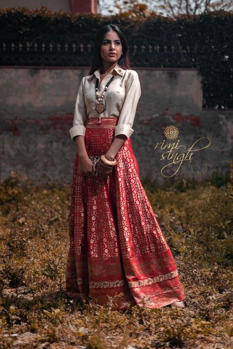 Banarasi Skirt Outfit, Shirt Skirt Outfit Indian Wedding, Skirt And Shirt Outfits Indian Wedding, Shirt Collar Blouse Designs For Lehenga, Red Long Skirt Outfit Indian, Silk Shirt Skirt Outfit, Shirt And Long Skirt Outfit Indian, Banarasi Skirt With Shirt, White Shirt Lehenga Outfit