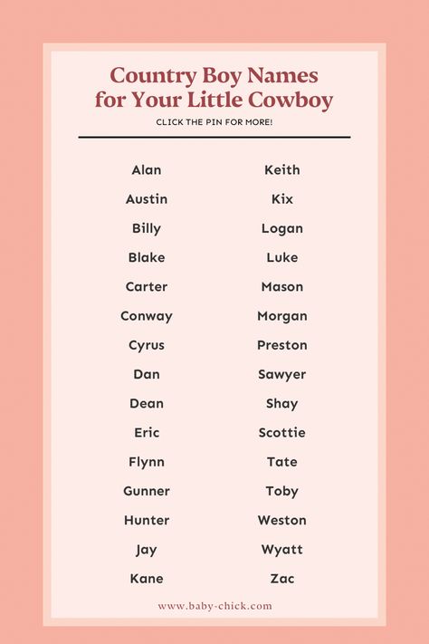 If you have a sweet spot for the rustic and rugged, look no further. Country boy names are filled with adventure and heart, making them excellent options for your little cowboy. There are several places to draw inspiration from, and we have compiled a list of the best of the best, ensuring you find the perfect match. Click the pin for more! 🙌🤠💕 Cowboy Names For Boys, Places To Draw, Cowboy Baby Names, Southern Boy Names, Western Baby Names, Country Boy Names, Southern Names, Famous Country Singers, Cowboy Names