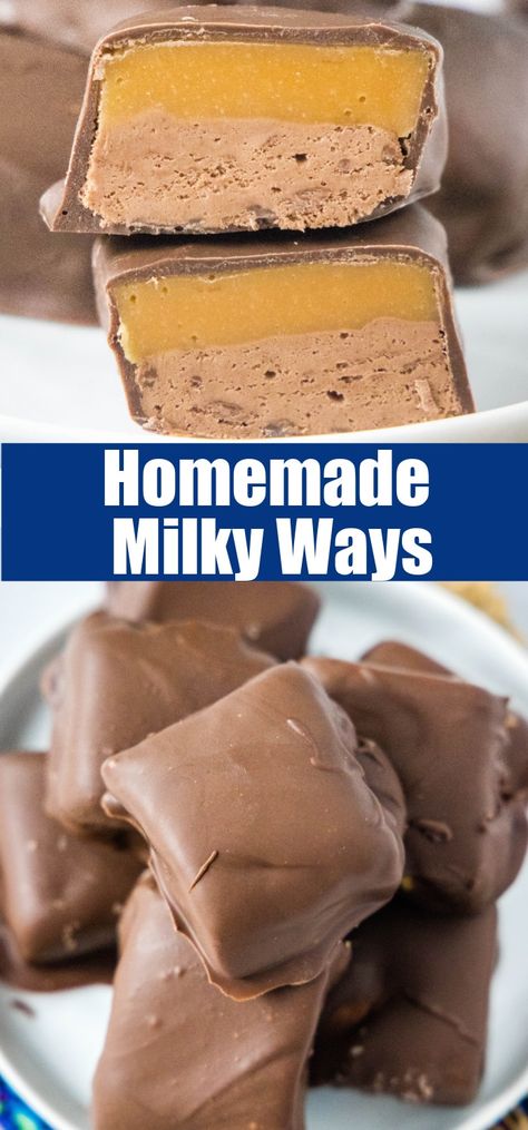 Homemade Milky Ways - make the classic Milky Way candy at home with just 5 ingredients! No baking required, so they are ready in no time. Healthy Milky Way Candy Bars, Chocolate Nougat Recipe, Homemade Candy Canes Recipe, Milky Way Recipes, Home Made Candies, Homemade Milky Way, Make Candy, Milky Way Bars, Milky Way Candy