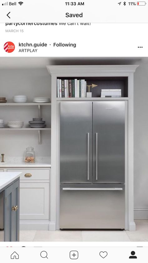 Framed refrigerator, sans open shelf Refrigerator Cabinets Ideas, Boxed In Fridge Kitchens, Fridge Near Doorway, Open Shelf Over Fridge, Framed In Refrigerator, Fridge Framing Cabinets, Refrigerator That Sticks Out, Open Cabinet Over Refrigerator, Refrigerator Between Two Windows