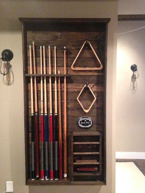 Pool Stick Holder Ideas Wall Racks, Pool Cue Rack Ideas, Diy Pool Table Light, Niche In Wall, Pool Stick Holder, Pool Room Ideas, Diy Pool Table, Pool Cue Holder, Pool Cue Rack