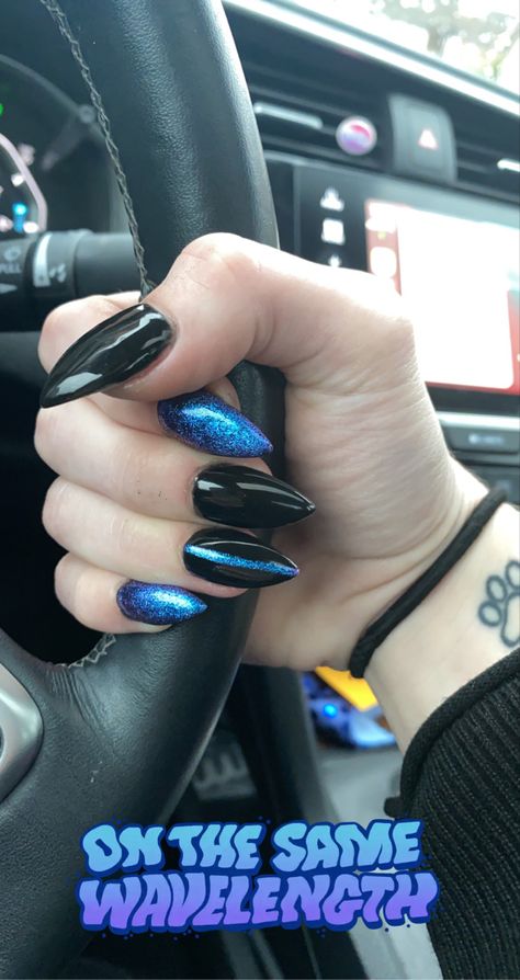 Black And Blue Acrylic Nails, Black And Blue Nails Acrylic, Blue Goth Nails, Royal Blue And Black Nails, Dark Blue And Black Nails, Blue And Black Nails, Black And Blue Nails, Black Ombre Nails, Concert Nails