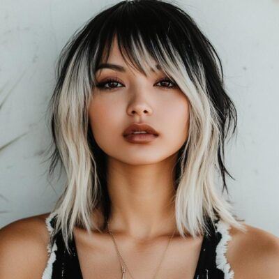 15+ Stunning Ideas for Black Hair With Blonde Highlights Half Blonde Half Black Hair With Bangs, Blonde On Top Of Black Hair, Black And Blonde Hair With Bangs, Dyed Bangs Short Hair, Dark Hair With Blonde Bangs, Blonde And Black Short Hair, Black Hair With Blonde, 2024 Haircut, Black Hair With Blonde Highlights