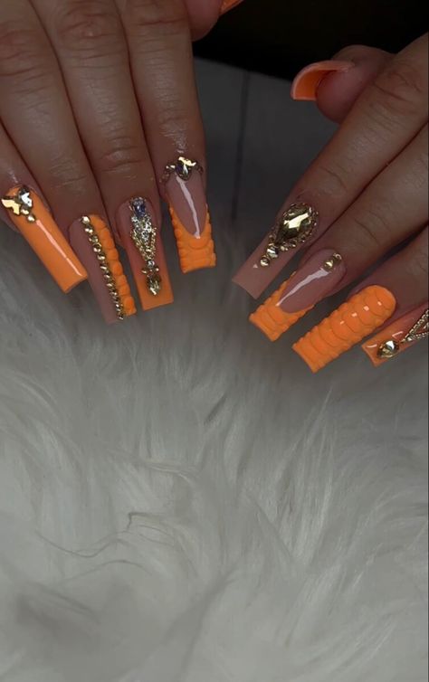 Orange Prom Nails Black Women, Baddie Birthday Nails Orange, Yellow Bling Nails Rhinestones, Orange French Tip Nails With Rhinestones, Orange And Silver Nails Prom, Orange And White Prom Nails, Neon Yellow Acrylic Nails Designs, Orange Acyrilics Nails, Orange Prom Nail Ideas