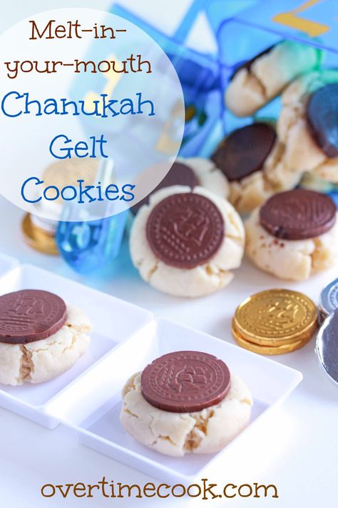 Melt-In-Your-Mouth Hanukkah Gelt Cookies - Overtime Cook Gelt Cookies, Hannukah Cookies, Hanukkah Desserts, Hannukah Recipes, Hanukkah Dinner, Jewish Holiday Recipes, Hanukkah Food, Chanukah Party, Kosher Recipes