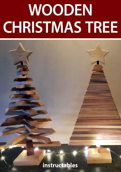 This Christmas tree decoration made out of stacked strips of wood can be oriented in a variety of ways to keep the tree changing. #Instructables #workshop #woodworking #holiday #decor Diy Wooden Dowel Christmas Tree, Diy Wood Christmas Tree Projects, Diy 3d Wood Christmas Tree, Wood Slat Christmas Tree Diy, Small Wood Projects For Christmas, Wood Shim Christmas Tree Diy, Wood Crafts Christmas Tree, Make Wood Christmas Tree, Reclaimed Wood Christmas Tree