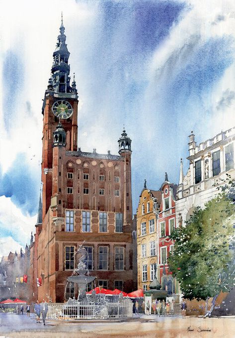 Illustration Manga, Watercolor City, Pintura Exterior, Watercolor Architecture, Architectural Sketch, Watercolor Artists, Urban Sketching, Watercolor Sketch, Watercolor Inspiration