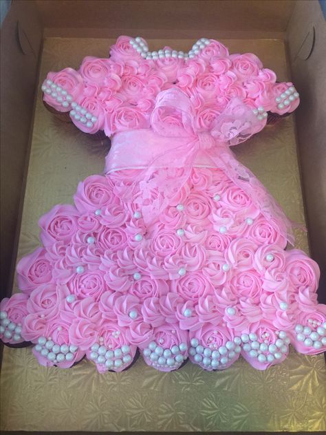 Baby girl dress pull a part cupcake cake! 3 Cupcake Pull Apart Cake, Pull Apart 1 Cupcake Cake, Pull Apart Cupcake Ideas, Wedding Dress Pull Apart Cupcakes, Cupcake Dress Cake, Baby Shower Cupcake Cakes Pull Apart, Dress Cupcake Cake, Princess Cupcake Dress, Cupcake Making