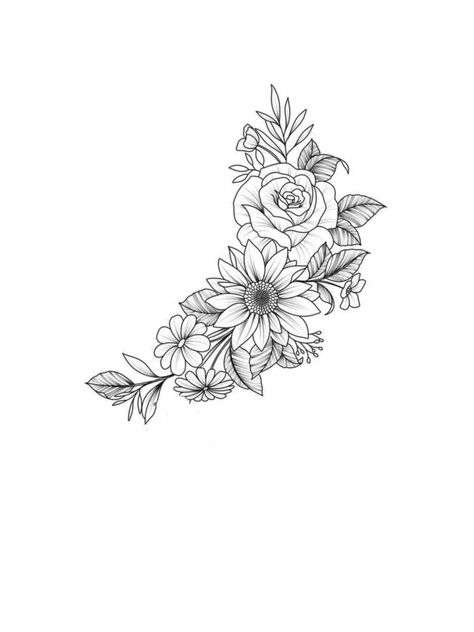 Flower Tattoos For Women Stencil, Rose And Sunflower Tattoo Forearm, Flower Cluster Tattoo Design, Sun Flower Tattoo Stencils, Western Flower Drawing, Flower Hip Tattoo Thigh Piece Stencil, Elbow Crease Tattoos For Women, Row Of Flowers Tattoo, Cluster Of Flowers Tattoo