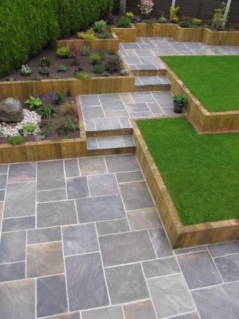 Galaxy Sandstone Paving Patio Paving, Sandstone Paving, Modern Backyard Landscaping, Back Garden Design, Garden Paving, Sloped Garden, Patio Garden Design, Modern Garden Design, Landscaping Supplies