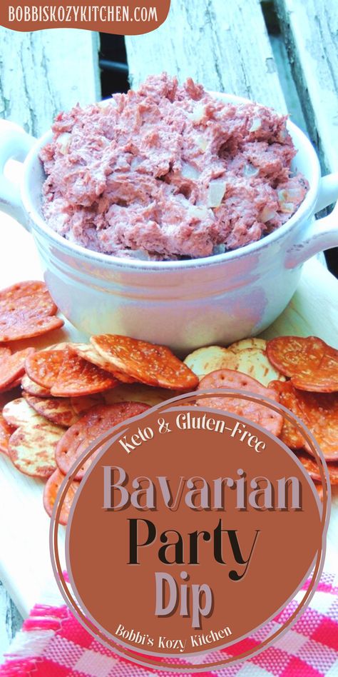 Image shows a cream colored crock full of Bavarian party dip on a wooden cutting board with crackers around it and a red and white checkered napkin. Recipes With Liverwurst, Liver Sausage Dip, Liverwurst Recipe Ideas, Appetizer Tv, Liverwurst Dip, Braunschweiger Recipes, Braunschweiger Dip, Liverwurst Recipe, Potluck Party Food