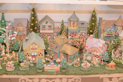 Easter Village Easter Village Display Ideas, Spring Village Display, Easter Village Houses, Bunny Village, Easter Houses Gingerbread, Gingerbread Easter House, Easter Houses, Pastel Christmas Village Houses, Spring Village