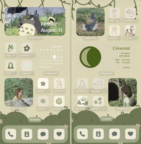 Studio Ghibli Ios Layout, Studio Ghibli Homescreen Layout, Ghibli Homescreen Layout, Studio Ghibli Iphone Layout, Spring Iphone Layout, Phone Inspiration Layout, Widget Design Ideas, Ghibli Phone Theme, Cool Phone Themes