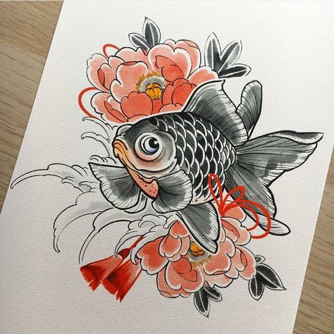 Japanese Fish Tattoo, Gold Fish Painting, Goldfish Tattoo, Peonies Art, Tato Maori, Goldfish Art, Tattoo S, Peony Art, Japanese Fish