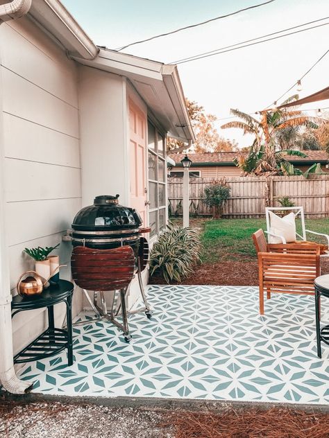 The Finished Patio (with painted pattern)   Shop the Look Painted Lattice, Blushing Bungalow, Lattice Patio, Backyard Dreams, Painted Patio, Rattan Side Table, Stenciled Floor, Cushions To Make, Bungalow Design