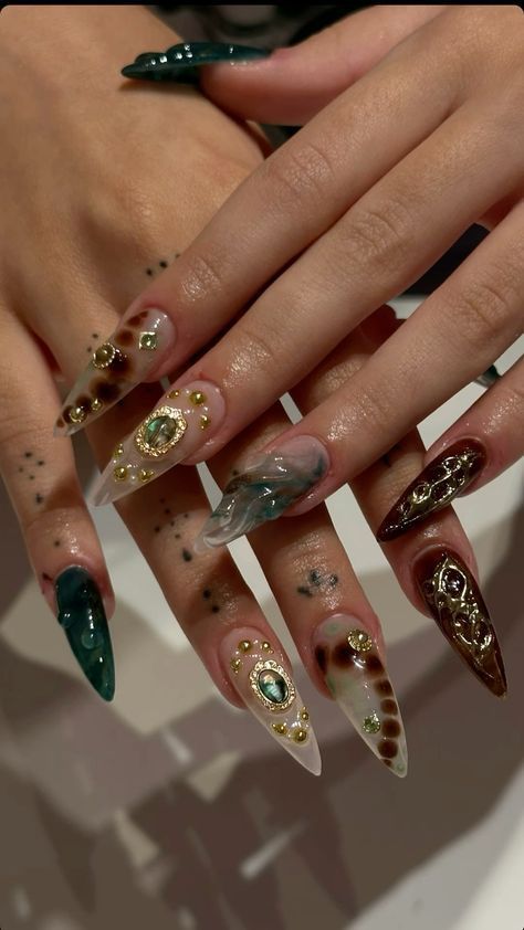 Fall Nails Maximalist, Medusa Nails Acrylic, Almond Boho Nails, October Nails Long, Ethereal Aesthetic Nails, Fall Maximalist Nails, Scorpio Inspired Nails, Pirate Nails Ideas, Fall Nails Baddie