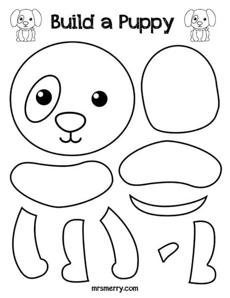 black & white-Build-a-Puppy-Kids-Activities-Mrs.-Merry_opt Build A Crab Printable, Puppy Template Free Printable, Build A Animal Free Printable, Build A Printable, Dog Activities For Toddlers, Build An Animal Printable, Puppy Crafts For Kids, Free Printable Crafts For Kids, Printable Preschool Crafts