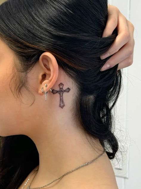 Tattoos Crucifix For Women, Cross Small Tattoo For Women, Mini Rosary Tattoo, Cross And Quote Tattoos, Tattoo Ideas With Cross, Tattoo Ideas Virgin Mary, Lord’s Prayer Tattoo, Small Meaningful Symbol Tattoos, Tattoo Ideas Female Jesus