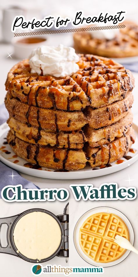 stack of four Churro Waffles served on a white round plate topped with whipped cream. steps to make Churro Waffles collage image. Cinnamon Bun Waffles, Cinnamon Waffles Recipe, Waffle Truck, Churro Waffles, Waffle Ideas, Easy Waffle Recipe, Cinnamon Waffles, Cookies To Bake, Waffle Iron Recipes