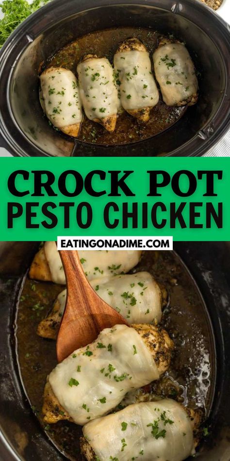 Crock Pot Pesto Chicken Recipe - Easy Keto Meal Idea Crock Pot Pesto Chicken, Crockpot Pesto Chicken, Pesto Chicken Recipe, Chicken Pesto Recipes, Chicken Pesto, Keto Crockpot Recipes, Chicken Eating, Weight Watchers Chicken Recipes, Healthy Crockpot