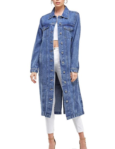 Long Denim Coat, Denim Duster, Pea Coats Women, Long Sleeve Denim Jacket, Classic Denim Jacket, Jean Jacket Women, Cotton Coat, Denim Cotton, Denim Jacket Women