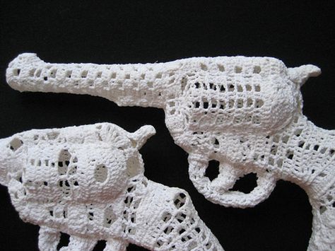 Crocheted Guns Crocheted Guns    Repinned from Accidental Mysteries, 02.26.12: Firearms by DesignObserver Crocheting Accessories, Hello Craft, Crazy Crochet, Crochet Inspiration, Craft Lovers, Crochet Art, Filet Crochet, Fiber Arts, Yarn Art