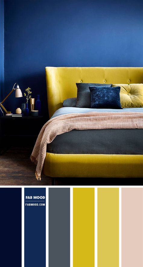 5. Navy Blue and Yellow Colour Scheme Hey lovely people! Hope you all had a wonderful Christmas, and wishing you all a great new... Blue Yellow Bedrooms, Mustard Bedroom, Yellow Color Combinations, Yellow Bedroom Decor, Wedding Color Palettes, Silver Bedroom, Bedroom Color Combination, Themes Wedding, Navy Blue Walls