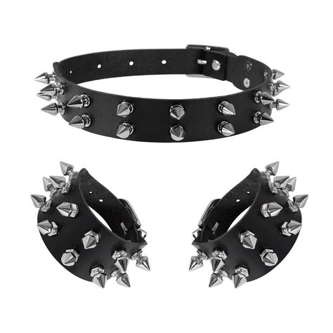 PRICES MAY VARY. Halloween Punk Choker and Bracelet Set: These spike choker bracelet set are made of quality faux leather and alloy, durable material comfortable touch feel, long time use. Leather Choker Bracelet Convenient Size: cool punk gothic collar is 43* 2.5cm(16.9*1") , punk gothic bracelet is 22*4cm(8.7*1.6"). Studded necklace bracelet, Leather jewelry, punk rock biker style with spike rivet decoraction, button adjustable, suitable for men women. Wide Application: Great for goth accessor Spiked Cuffs, Spiky Choker, Spiked Necklace, Spike Choker, Spiked Collar, Studded Choker, Punk Choker, Emo Jewelry, Halloween Party Accessories