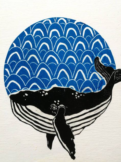 HAPPY LITTLE WHALE original linocut print | Felt Whale Japanese Art, Linocut Orca, Whale Lino Print, Folk Art Whale, Under The Sea Lino Print, Lino Art, Hippie Art, Linocut Prints, Linocut