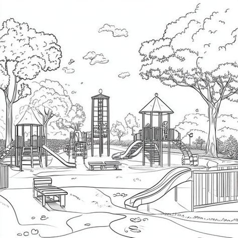 Printable Playground Coloring Pages Designs Playground Sketch, Playground Drawing, Scene Drawing, Tattoo Artwork, Landscape Architecture Design, Artistic Inspiration, Unique Tattoo, New Ideas, Page Design