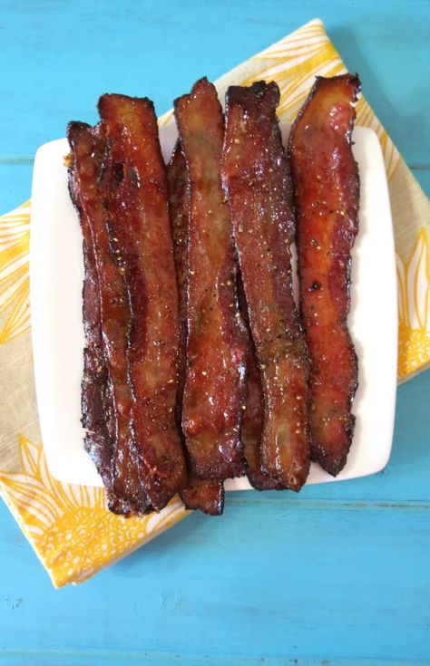 Baked Maple Glazed Bacon - Sweet and savory baked bacon with a maple syrup candied glaze. Millionaire Bacon, Duck Bacon, Maple Glazed Bacon, Candied Bacon Recipe, Smoked Duck, Pancakes And Bacon, Baked Bacon, Candied Bacon, Bacon Recipes