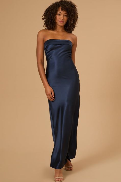 Paityn Strapless Maxi Dress in Navy | Altar'd State Long Black Strapless Dress Formal, Navy Blue Satin Dress Long, Blue Satin Dress Long, Formal Dresses Navy Blue, Navy Blue Wedding Guest Dress, Fall Wedding Guest Dress November, Navy Blue Strapless Dress, Navy Blue Bridesmaid Dress, Strapless Satin Dress