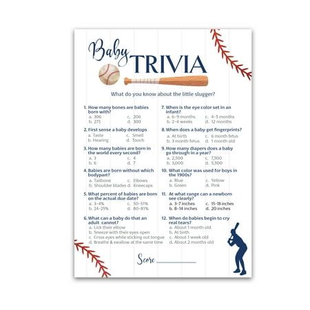 A fun game that your Baby Shower guests will enjoy as they might learn new facts about babies they may not know of! Perfect for Baby Showers, Gender Reveal parties, and Sip n See. Perfect for a baseball themed shower. Size: 5" x 7".  Color: Blue. Baseball Baby Shower Games, Baby Trivia Game, Baseball Baby Shower Theme, Baby Trivia, Boy Baby Shower Games, Baby Facts, Baby Shower Diaper Raffle, Baseball Theme, Baseball Baby