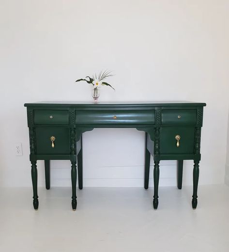 Emerald Green Vanity, Green Dressing Table, Green Upholstered Chair, Green Dressing, Manchester By The Sea, Green Vanity, Antique Buffet, Green Desk, Modern Rustic Homes