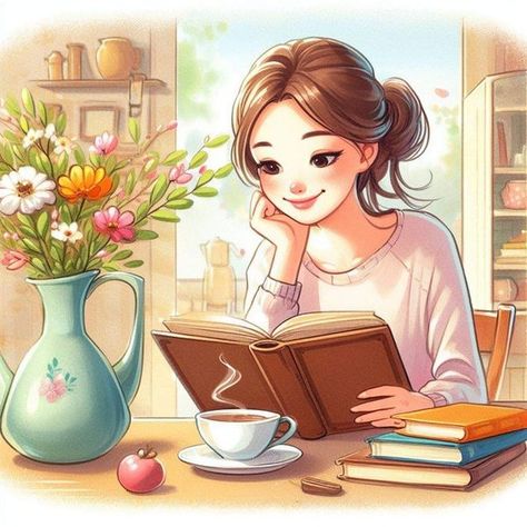 Reading Pictures Cartoon, Illustration Kunst, Girly Art Illustrations, Reading A Book, Art And Illustration, Dreamy Art, Girly Art, الرسومات اللطيفة, Cartoon Art Styles