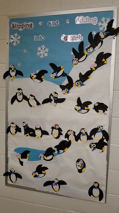 Penguin Bulletin Board Ideas, Speech Classroom Decor, Speech Bulletin Boards, Bulletin Board Sayings, Speech Classroom, Valentine Bulletin Boards, Library Project, Winter January, Winter Bulletin Boards