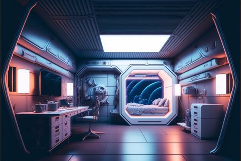 Spaceship Interior Bedrooms, Spaceship Bedroom, Sci Fi Bedroom, Spaceship Room, Futuristic Rooms, Scifi Room, Cyberpunk Interior, Sci Fi Room, Futuristic Room