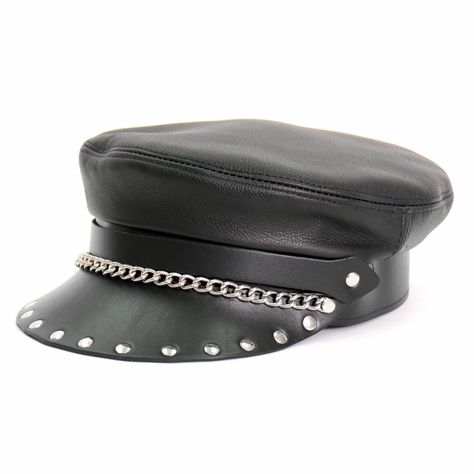 Want to look a little bit vintage?Our signature Genuine Leather Flat Top Biker Cap With Rivets features a motorcycle hat made of 100% genuine leather. Classic flat top biker cap in soft black leather with chain detail and thick and sturdy rivet-studded leather brim--very Hell Bent for Leather! Color: BlackDesign: Back Adjustable StrapSize: One Size Fits Most Details: Genuine Top Grain Cowhide Leather Stud w/ Chains and Rivets Adjustable with Buckle at Back of Band Flat Top Brando Look Wear this Gentleman Hat, Hell Bent, Leather Hats, Biker Leather, Winter Girls, Leather Cap, Biker Style, Studded Leather, Flats Top