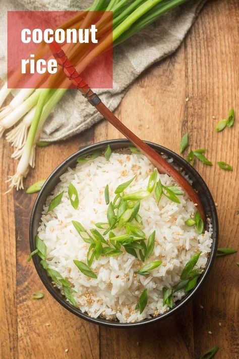 This decadent, Thai-inspired coconut rice is prepared by simmering jasmine rice in rich coconut milk. A delicious side for stir-fries and curries! #thai #rice #coconutrice #sidedish Thai Coconut Rice, Vegan Curries, Vegan Pastas, Coconut Jasmine Rice, Rice Recipes Vegan, Thai Rice, Savory Rice, Vegan Breakfasts, Vegan Dinner Recipes Easy