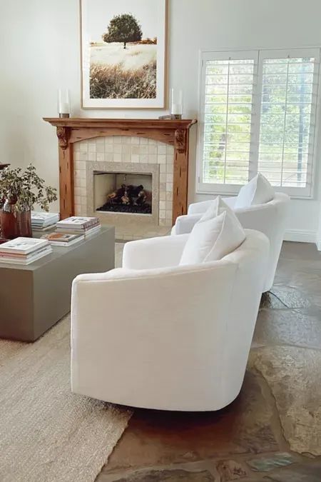 Love our white swivel barrel chairs! #swivelchair #barrelchair #sidechair #livingroomdecor #livingroomfurniture #LTKhome Living Room With Swivel Chairs, Barrel Chairs Living Room, Barrel Swivel Chair Living Rooms, White Swivel Chair Living Room, Living Room Swivel Chairs, Barrel Swivel Chair, White Swivel Chair, Swivel Chairs Living Room, Barrel Chairs