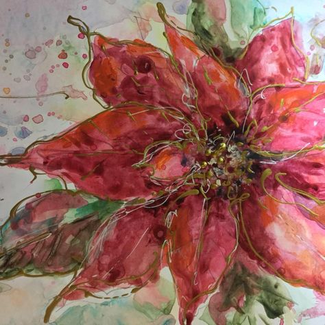 Watercolor on Yupo paper. Alcohol Ink Poinsettia, Winter Watercolors, Christmas Watercolors, Alcohol Painting, Xmas Art, Alcohol Ink Crafts, Ink Crafts, Ink Paintings, Winter Watercolor