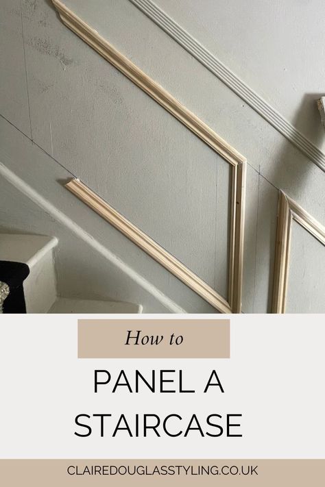 a staircase wall with panelling being installed Stair Panelling, Stair Moulding, Staircase Molding, Stairs Trim, Diy Staircase Makeover, Stair Paneling, Picture Frame Moulding, Diy Wainscoting, Diy Staircase