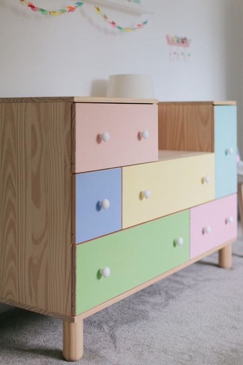 Pastel Chest Of Drawers, Pastel Dresser, Nursery Ikea, Ikea Hack Bedroom, Children Storage, Ikea Chest Of Drawers, Ikea Kids Room, Nursery Tour