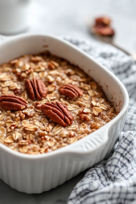 Baked oatmeal topped with pecans in a white dish. Maple Pecan Overnight Oats, Maple Pecan Baked Oatmeal, Maple Pecan Oatmeal, Pecan Baked Oatmeal, Oatmeal Breakfast Recipes, Pecan Oatmeal, Healthy Breakfast Choices, Morning Treats, Baked Oatmeal Recipe