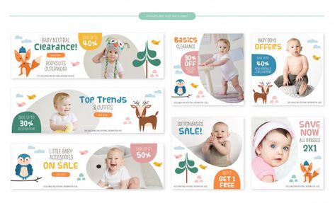 Baby store sale banners set - cute fores... | Premium Vector #Freepik #vector #banner #sale #baby #kids Cute Forest Animals, Kids Banner, Baby Ads, Cute Forest, Baby Layouts, Banner Web, Banner Design Inspiration, Baby Banners, Retro Logos