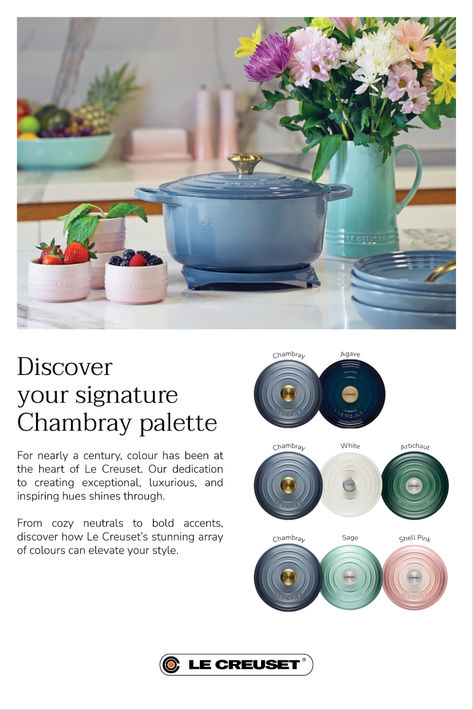 Refresh your kitchen with a palette of blue-greens, from soft pastels to bold jewel tones, accented by pops of white and pink. Endless combinations for a unique look in your home! 💙💚🌸 Le Creuset Blue, Le Creuset Colors, Instagram Branding Design, Le Creuset Cookware, Good Color Combinations, Blue Palette, Instagram Branding, Living Room Green, Color Pairing