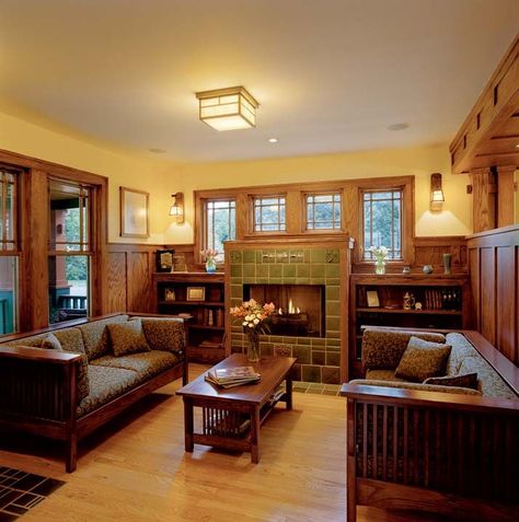 Praire Style Homes, Prairie Style Houses Interior, Craftsman House Interior, Craftsman Bungalow Interior, Craftsman Style Interior, Craftsman Style Interiors, Craftsman Living Rooms, Craftsman Interior Design, Craftsman Living Room